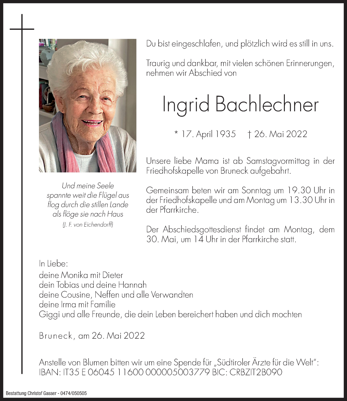  Traueranzeige für Ingrid Bachlechner vom 28.05.2022 aus Dolomiten
