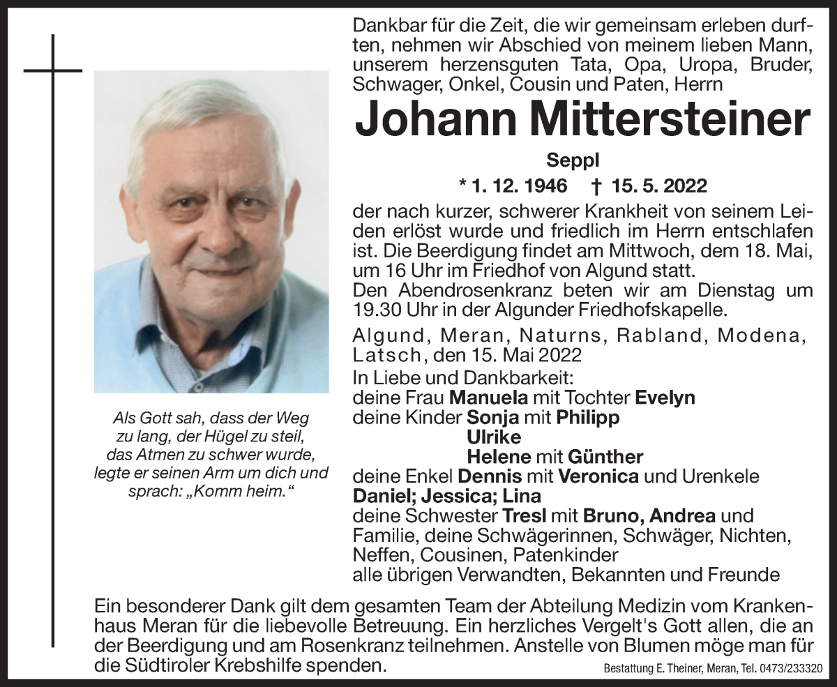  Traueranzeige für Johann Mittersteiner vom 17.05.2022 aus Dolomiten