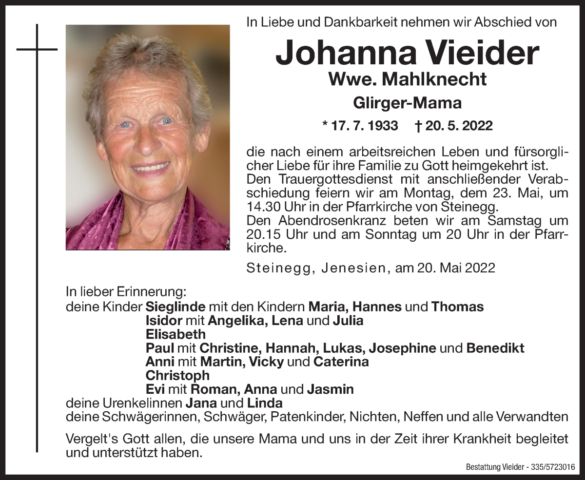  Traueranzeige für Johanna Mahlknecht vom 21.05.2022 aus Dolomiten