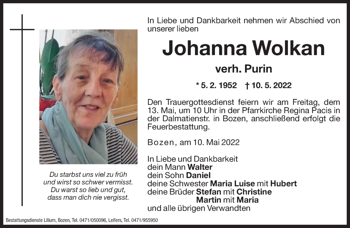  Traueranzeige für Johanna Purin vom 12.05.2022 aus Dolomiten