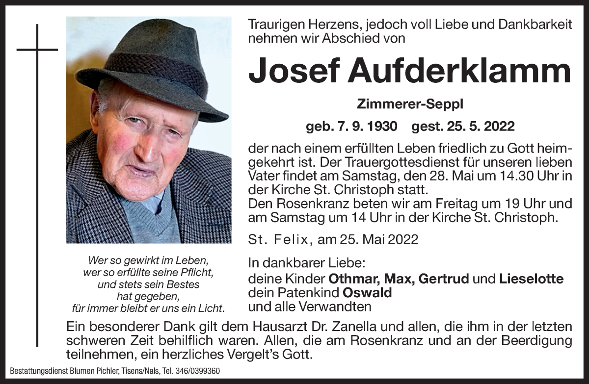  Traueranzeige für Josef Aufderklamm vom 27.05.2022 aus Dolomiten