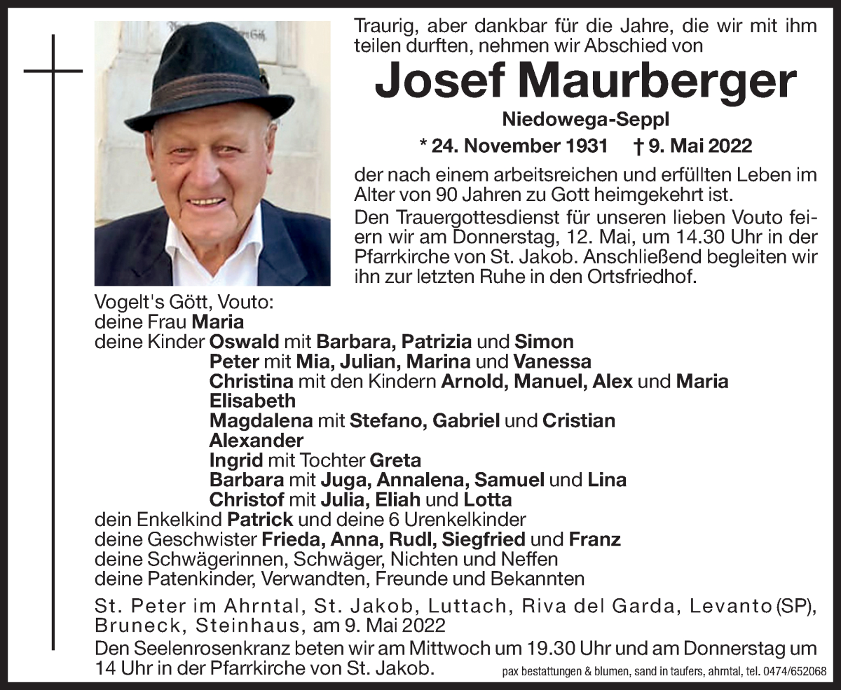  Traueranzeige für Josef Maurberger vom 11.05.2022 aus Dolomiten