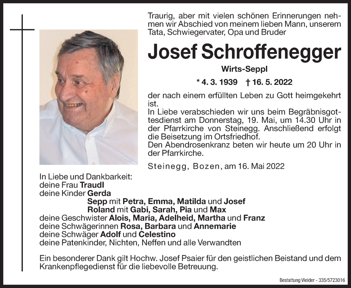  Traueranzeige für Josef Schroffenegger vom 18.05.2022 aus Dolomiten