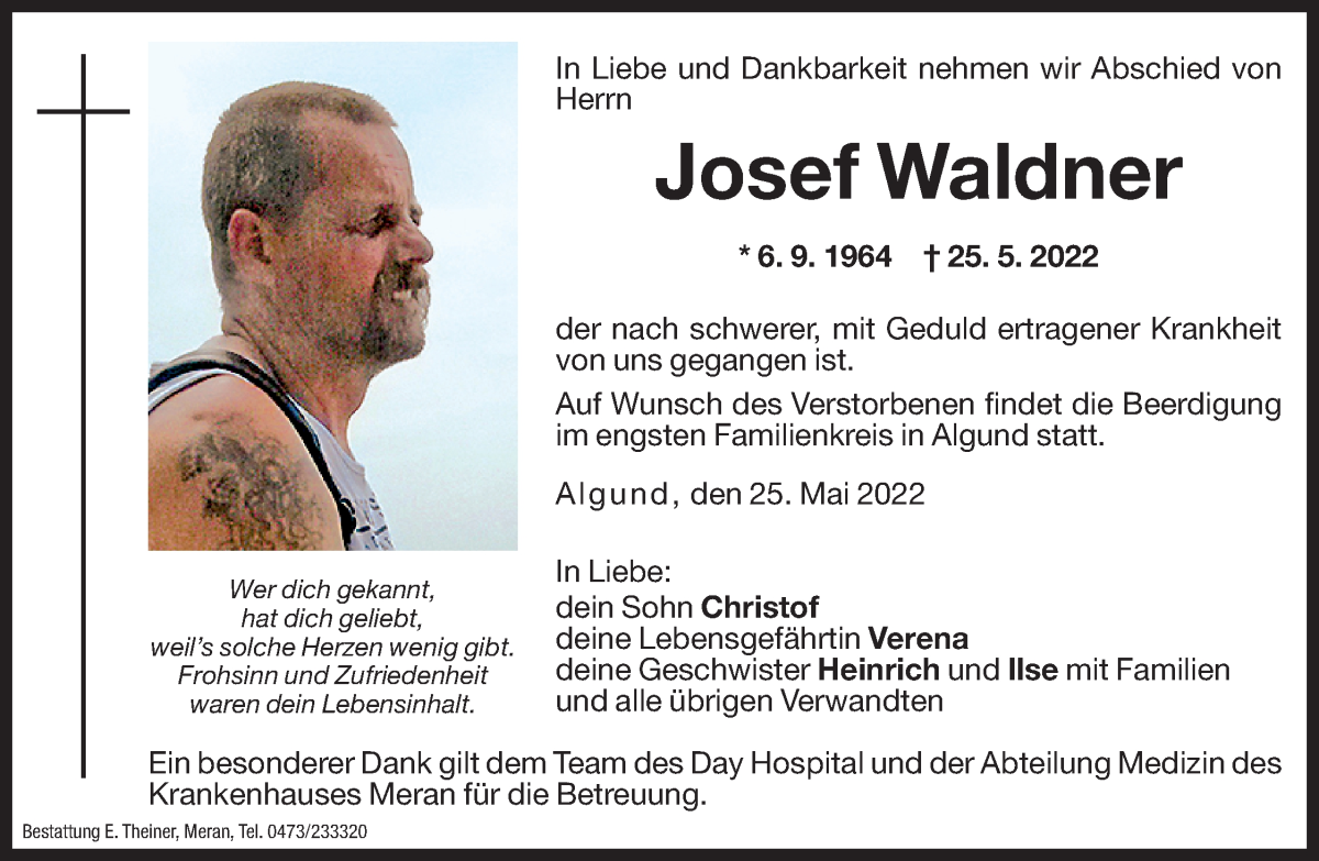 Traueranzeige für Josef Waldner vom 27.05.2022 aus Dolomiten