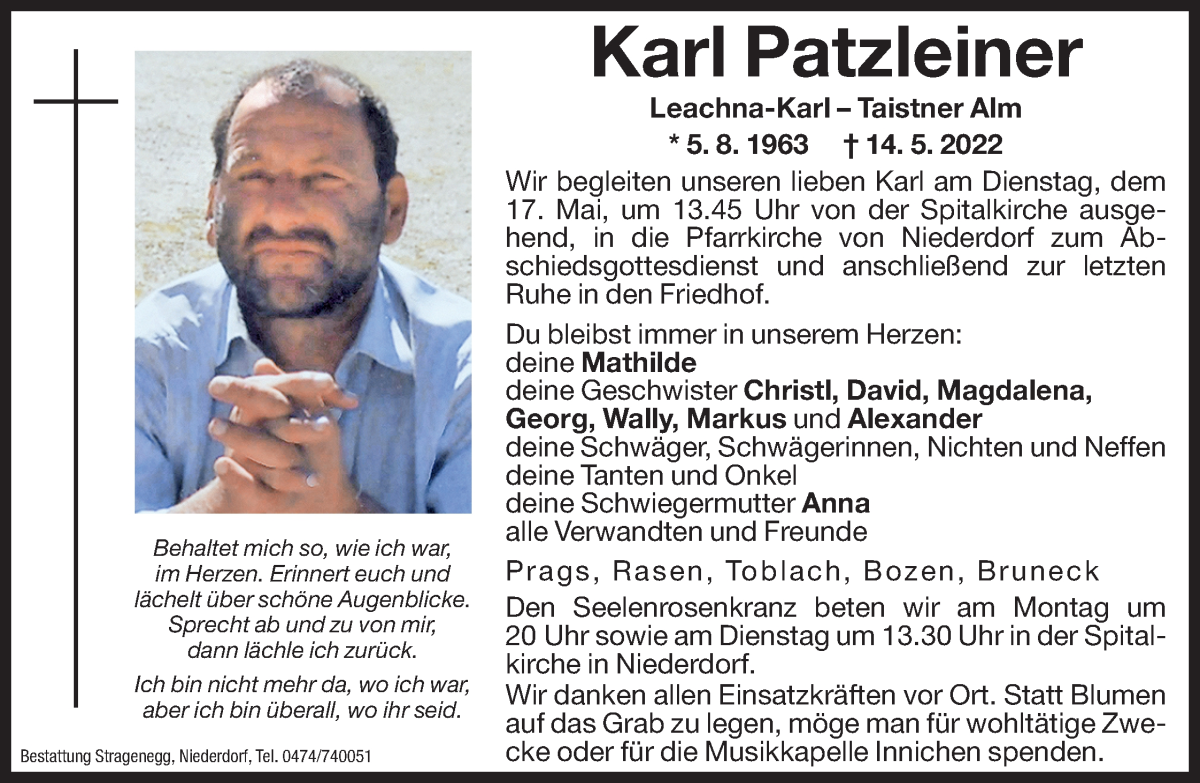  Traueranzeige für Karl Patzleiner vom 16.05.2022 aus Dolomiten