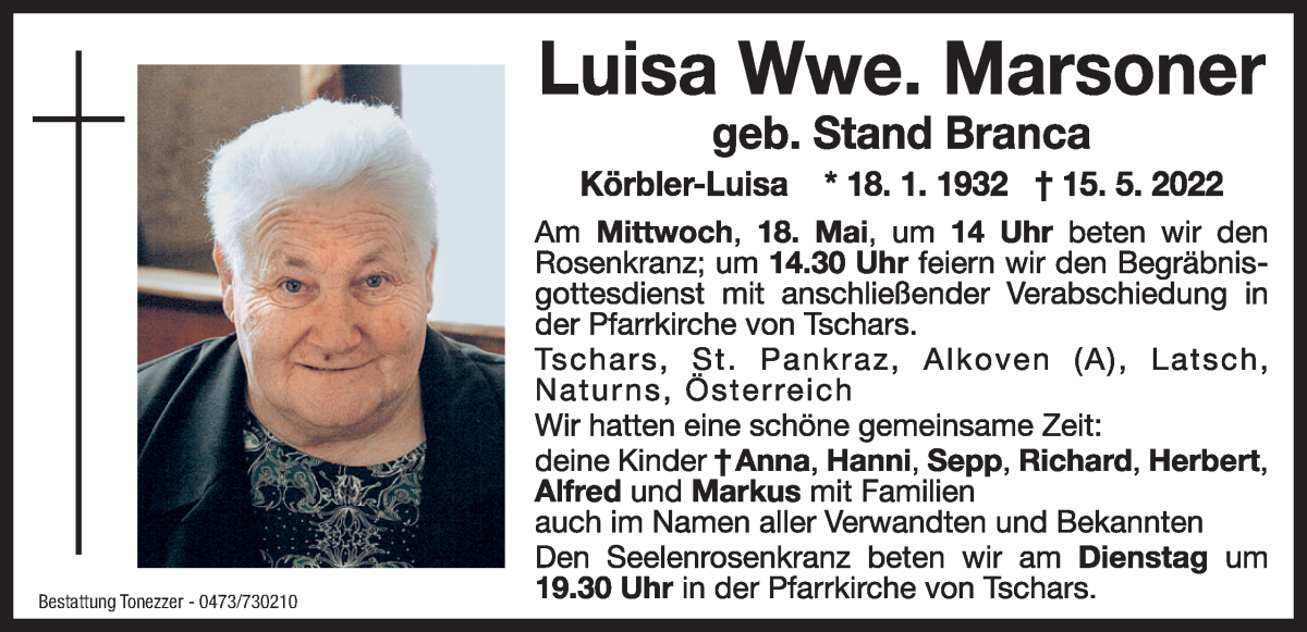  Traueranzeige für Luisa Marsoner vom 17.05.2022 aus Dolomiten