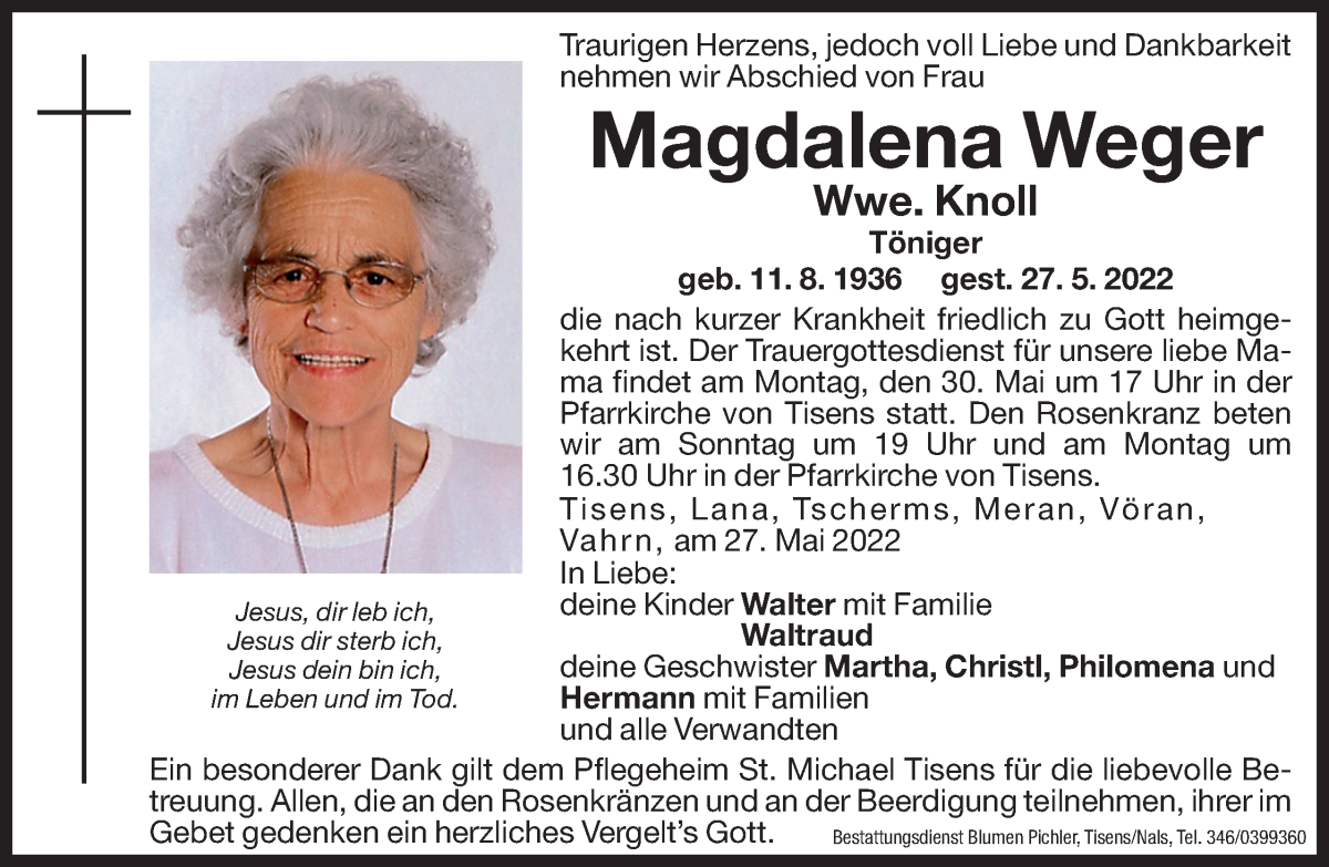  Traueranzeige für Magdalena Knoll vom 28.05.2022 aus Dolomiten