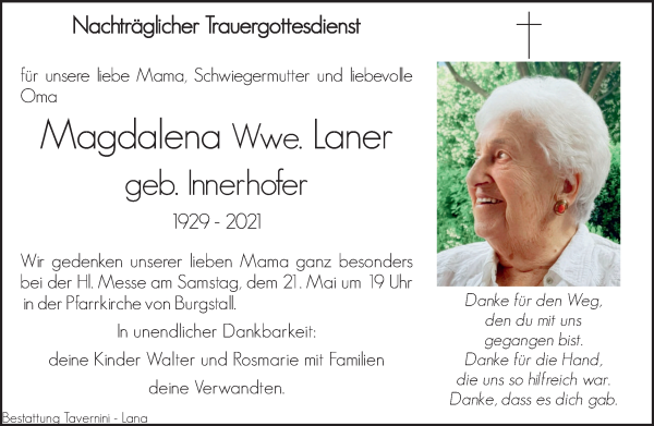 Traueranzeige von Magdalena Laner von Dolomiten