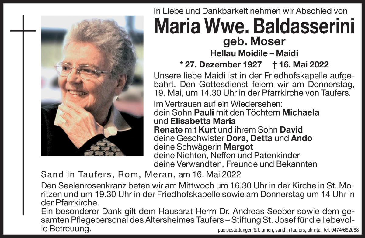  Traueranzeige für Maria Baldasserini vom 18.05.2022 aus Dolomiten