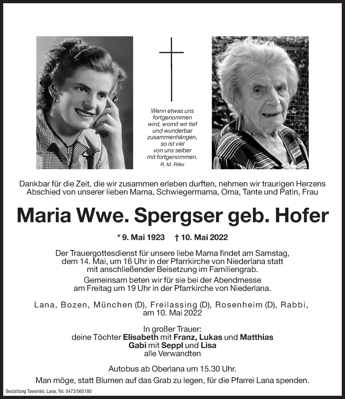  Traueranzeige für Maria Spergser vom 11.05.2022 aus Dolomiten