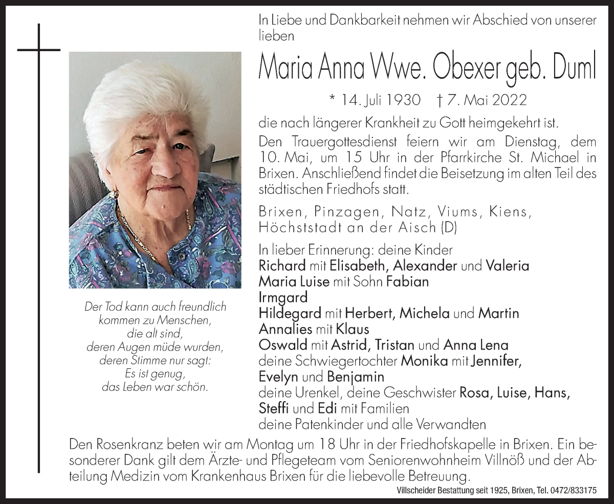 Traueranzeige für Maria Anna Obexer vom 09.05.2022 aus Dolomiten