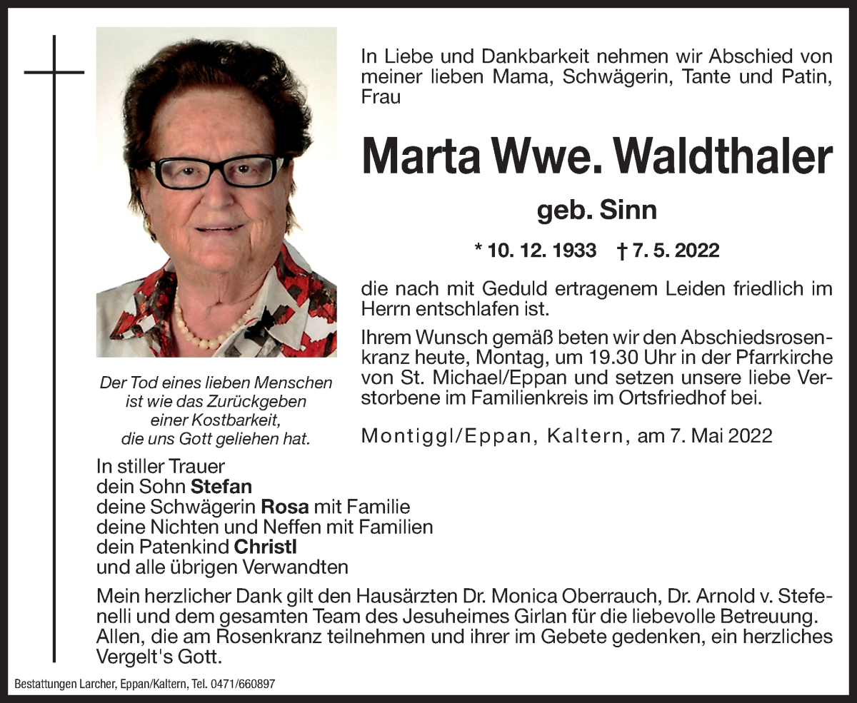  Traueranzeige für Marta Waldthaler vom 09.05.2022 aus Dolomiten