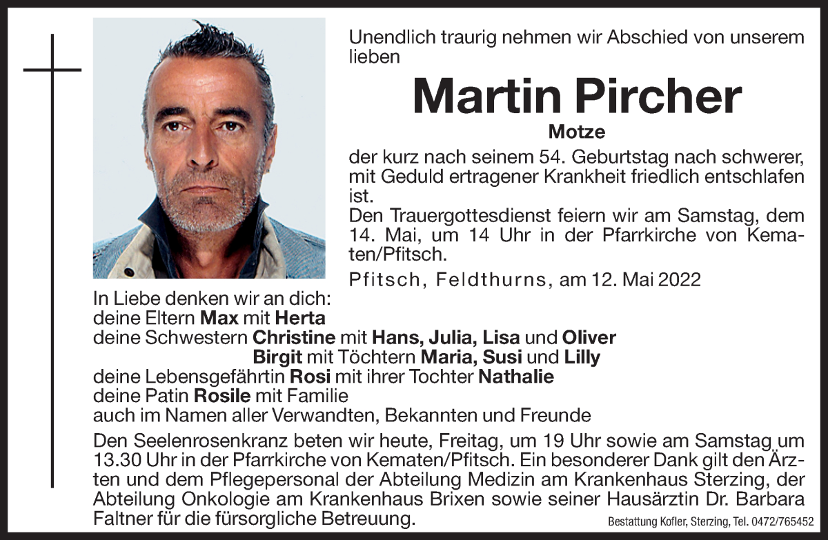  Traueranzeige für Martin Pircher vom 13.05.2022 aus Dolomiten