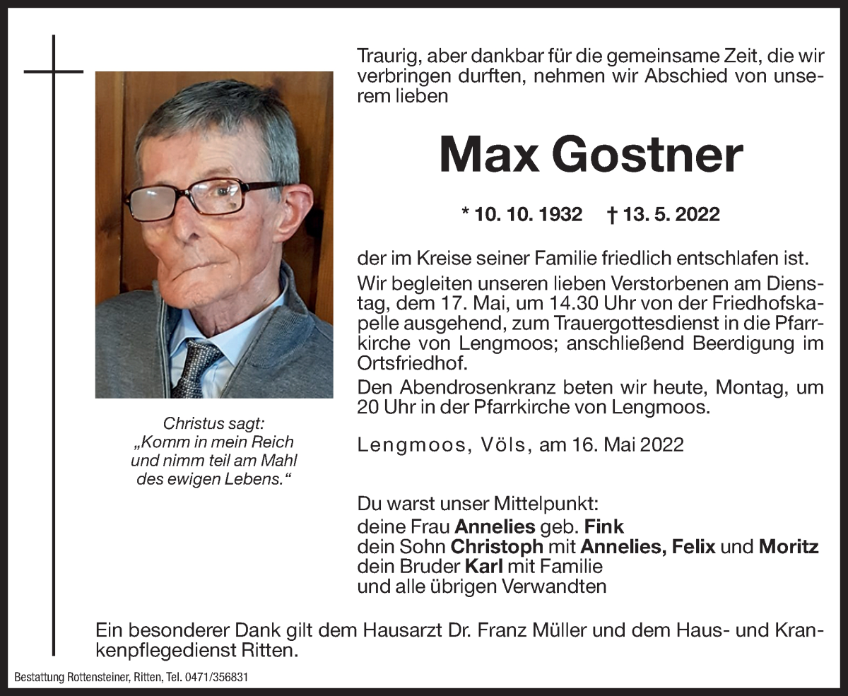 Traueranzeige für Max Gostner vom 16.05.2022 aus Dolomiten