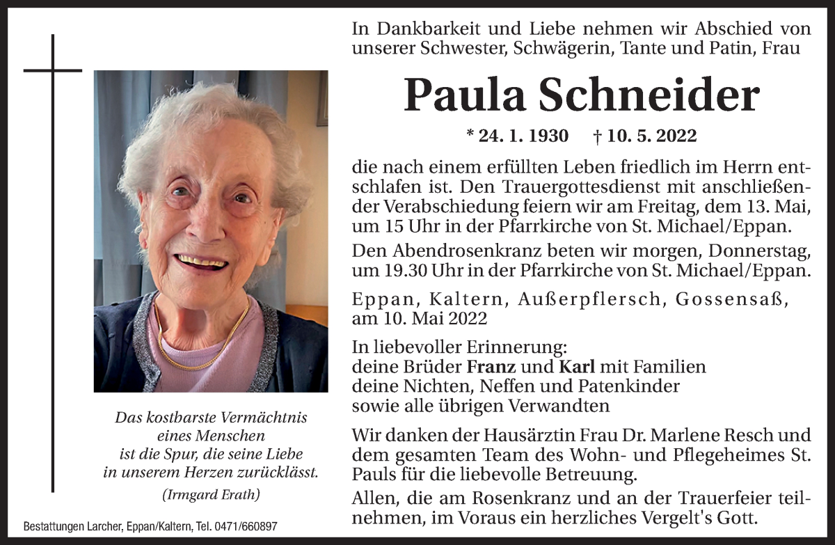  Traueranzeige für Paula Schneider vom 11.05.2022 aus Dolomiten