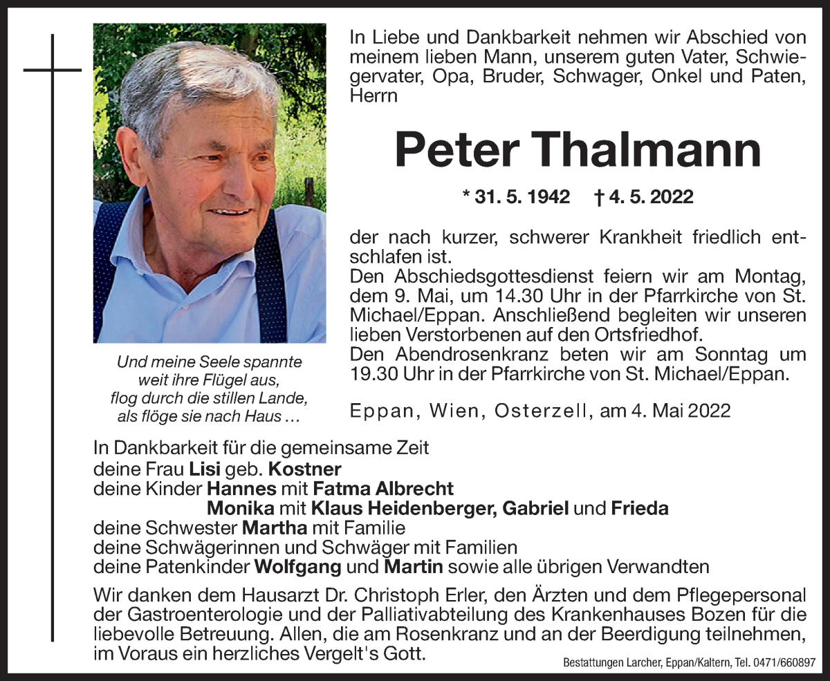  Traueranzeige für Peter Thalmann vom 06.05.2022 aus Dolomiten