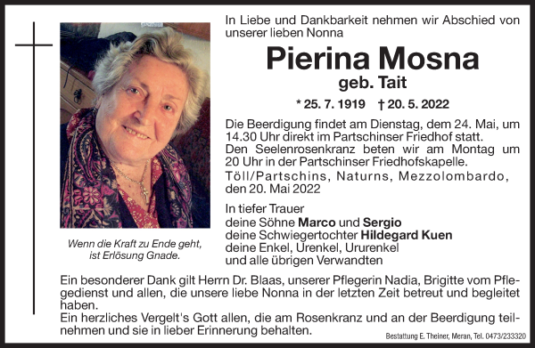 Traueranzeige von Pierina Mosna von Dolomiten