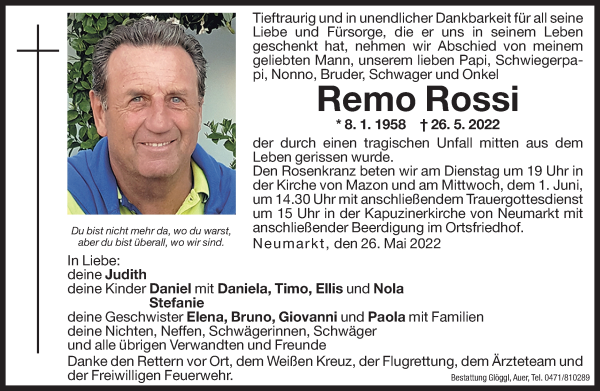 Traueranzeige von Remo Rossi von Dolomiten