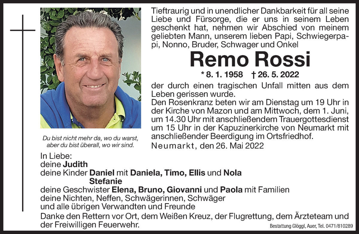  Traueranzeige für Remo Rossi vom 31.05.2022 aus Dolomiten