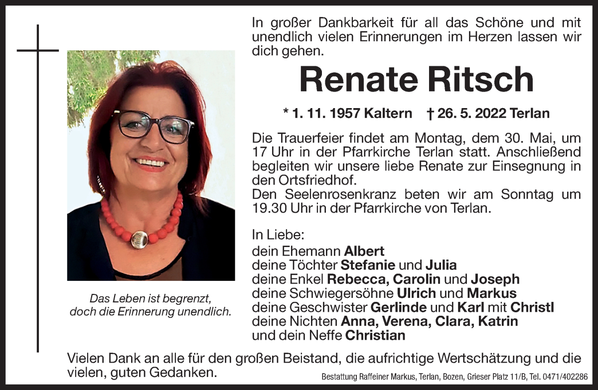  Traueranzeige für Renate Ritsch vom 27.05.2022 aus Dolomiten