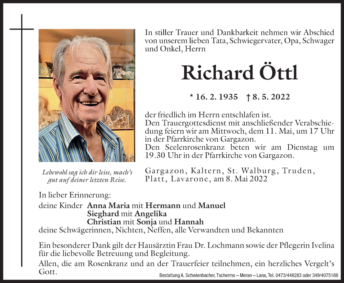  Traueranzeige für Richard Öttl vom 10.05.2022 aus Dolomiten