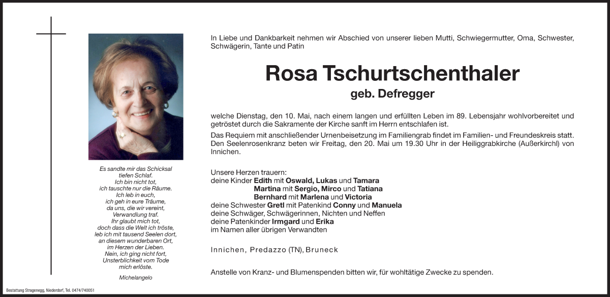  Traueranzeige für Rosa Tschurtschenthaler vom 18.05.2022 aus Dolomiten