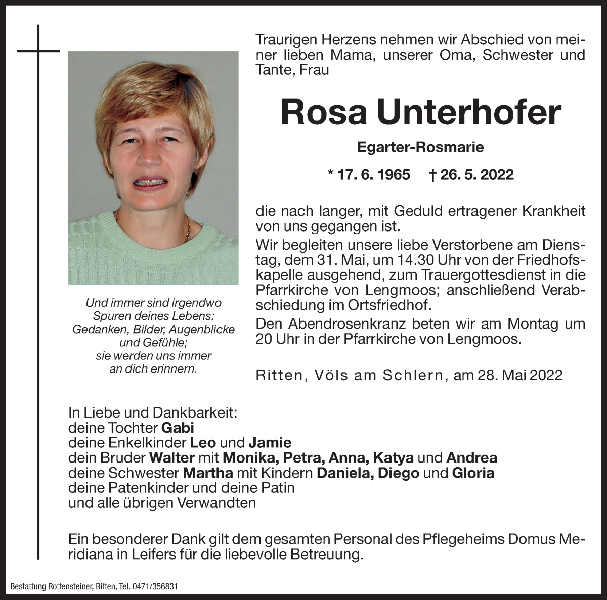  Traueranzeige für Rosa Unterhofer vom 28.05.2022 aus Dolomiten