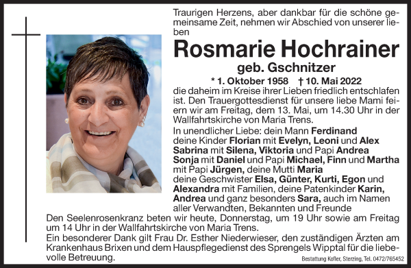 Traueranzeige von Rosmarie Hochrainer von Dolomiten