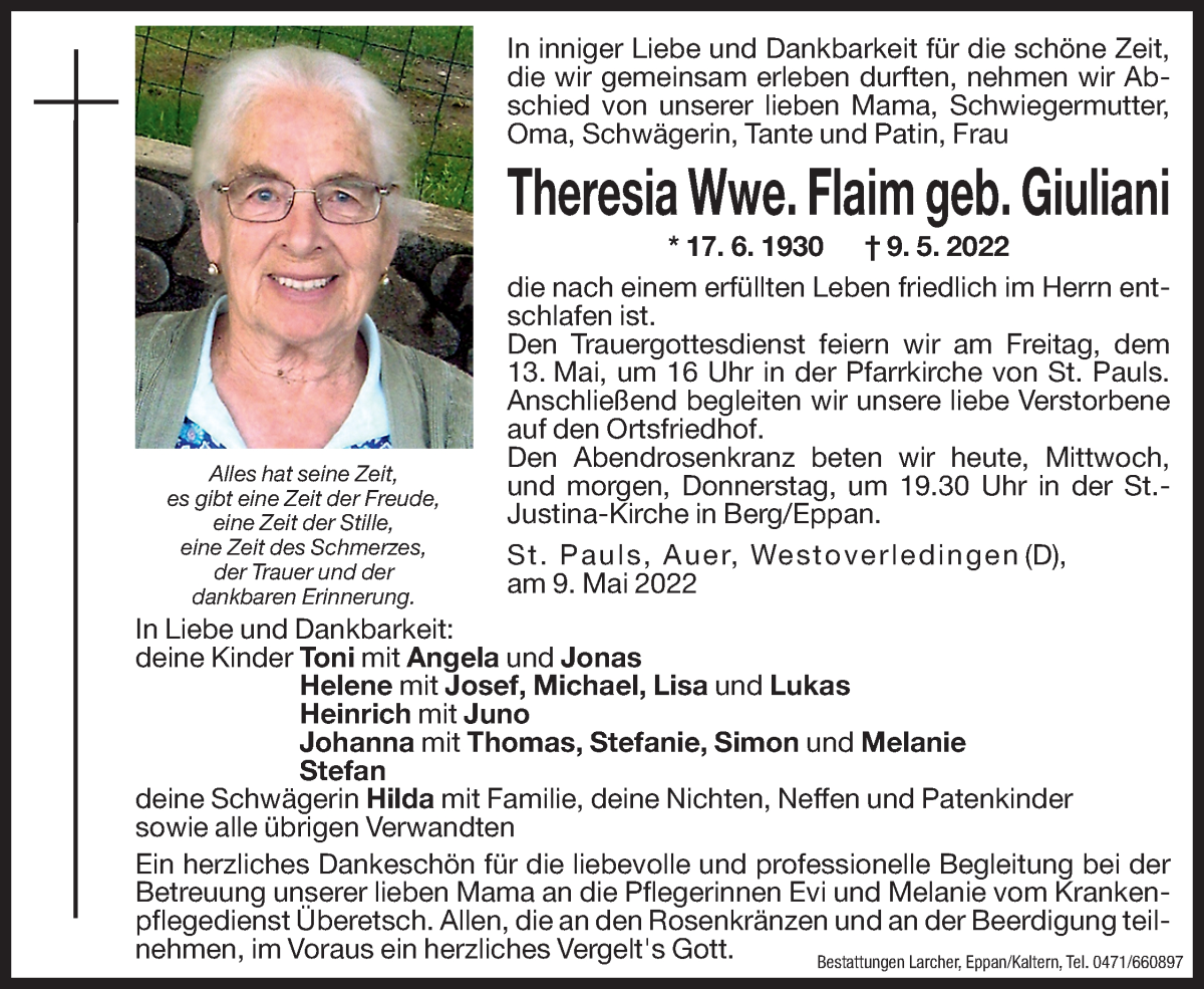  Traueranzeige für Theresia Flaim vom 11.05.2022 aus Dolomiten