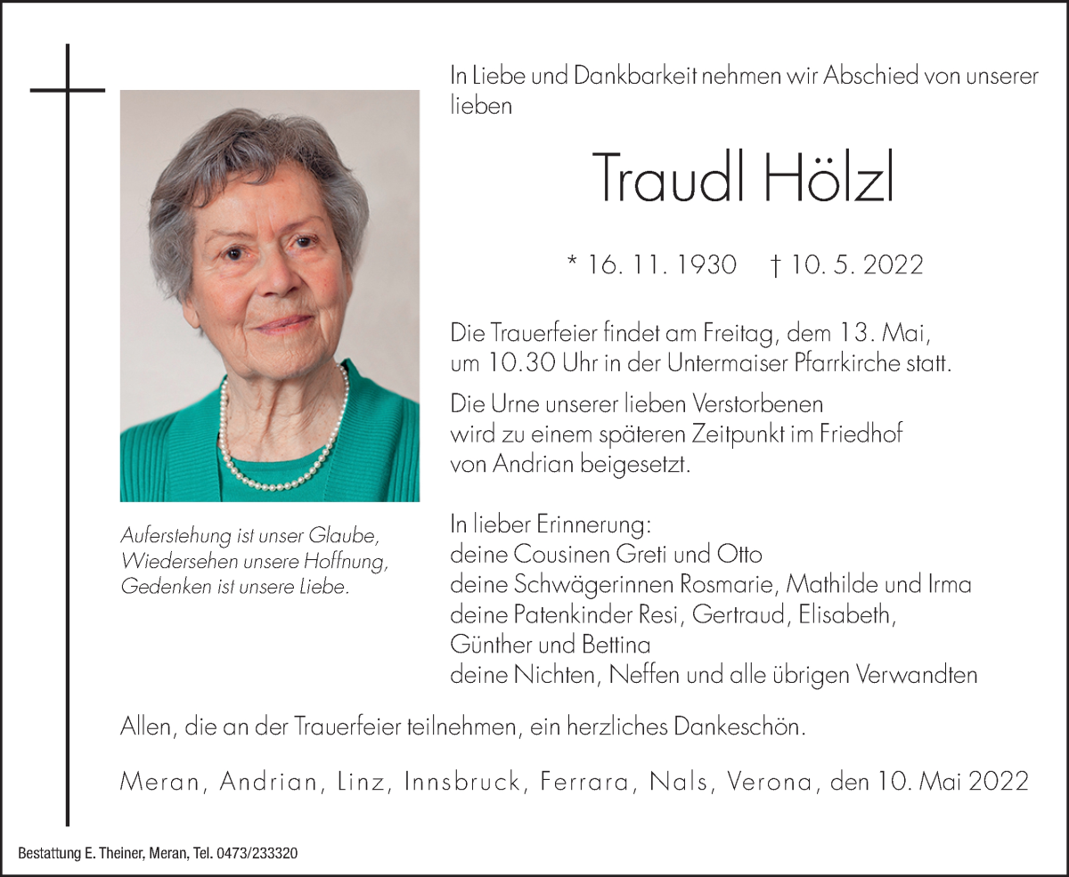  Traueranzeige für Traudl Hölzl vom 12.05.2022 aus Dolomiten
