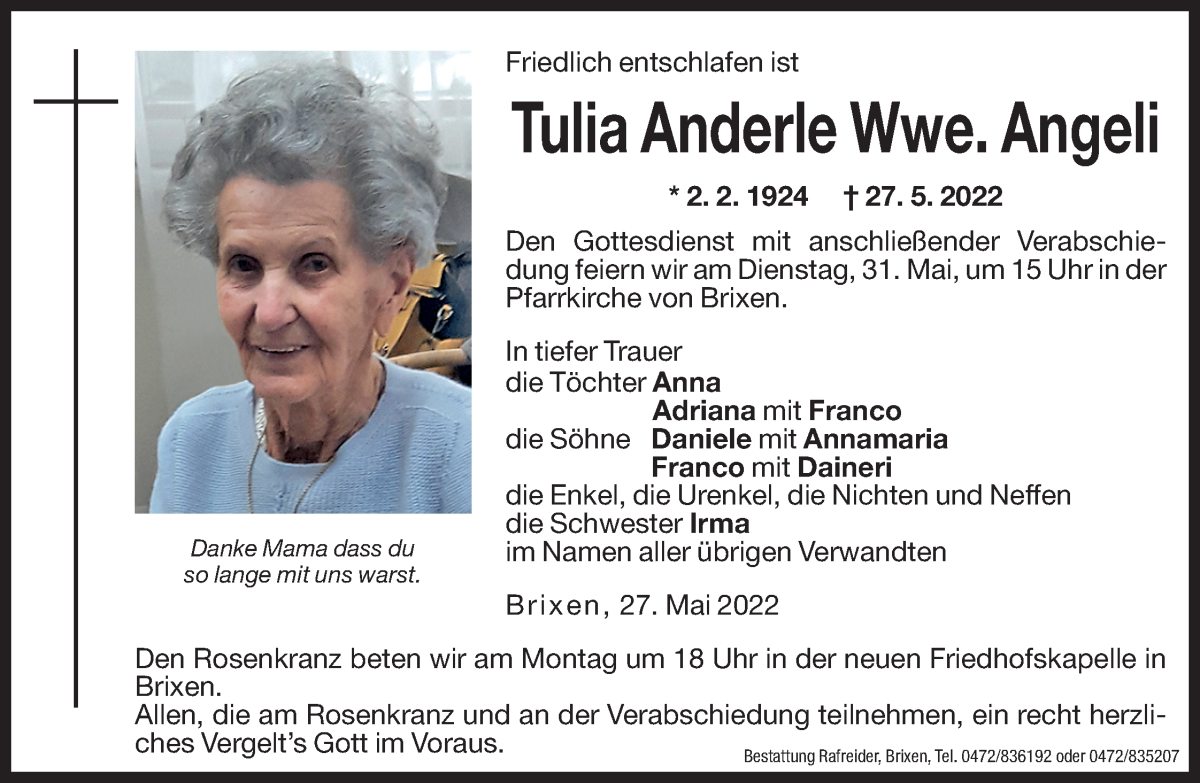  Traueranzeige für Tulia Angeli vom 28.05.2022 aus Dolomiten