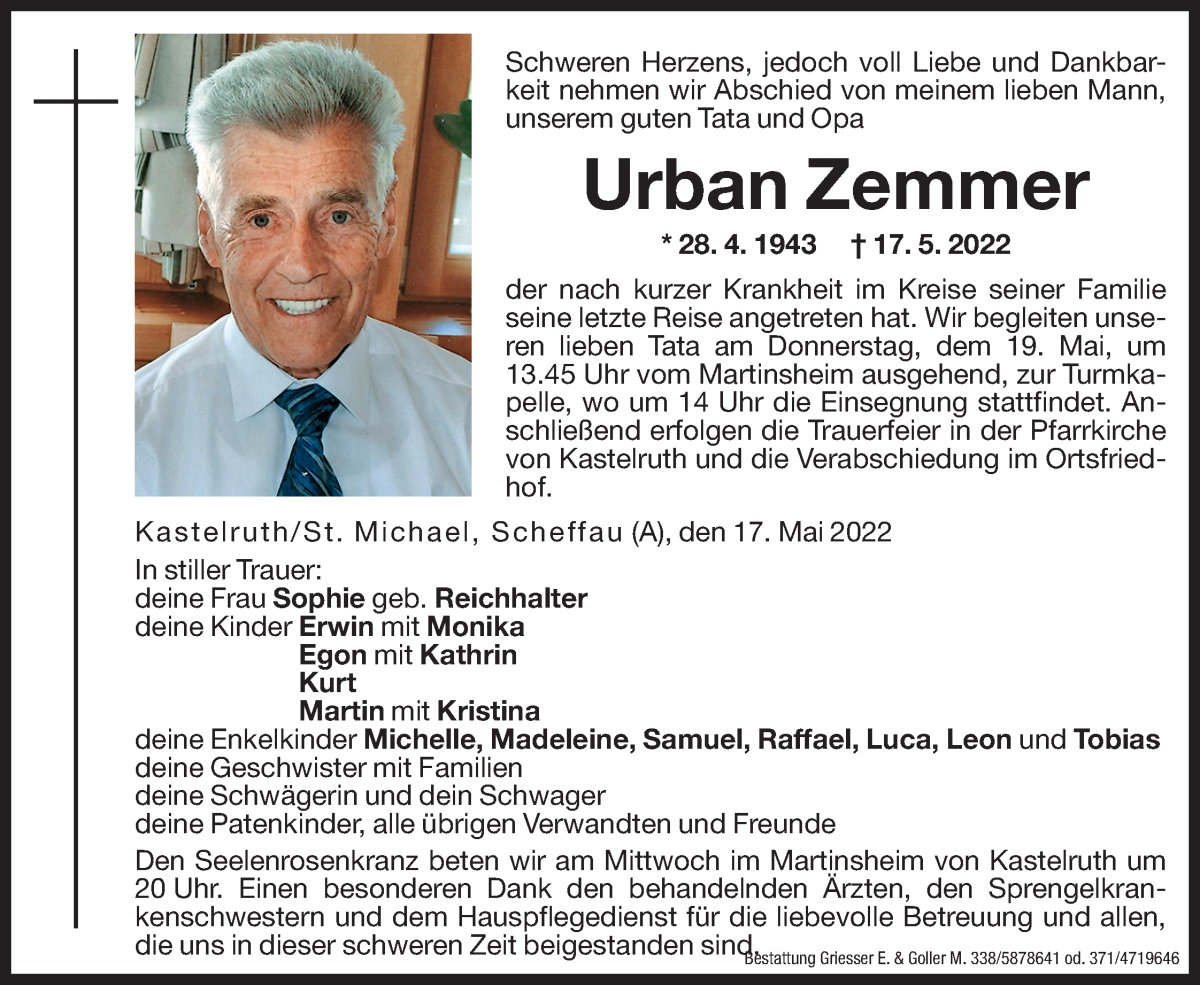  Traueranzeige für Urban Zemmer vom 18.05.2022 aus Dolomiten