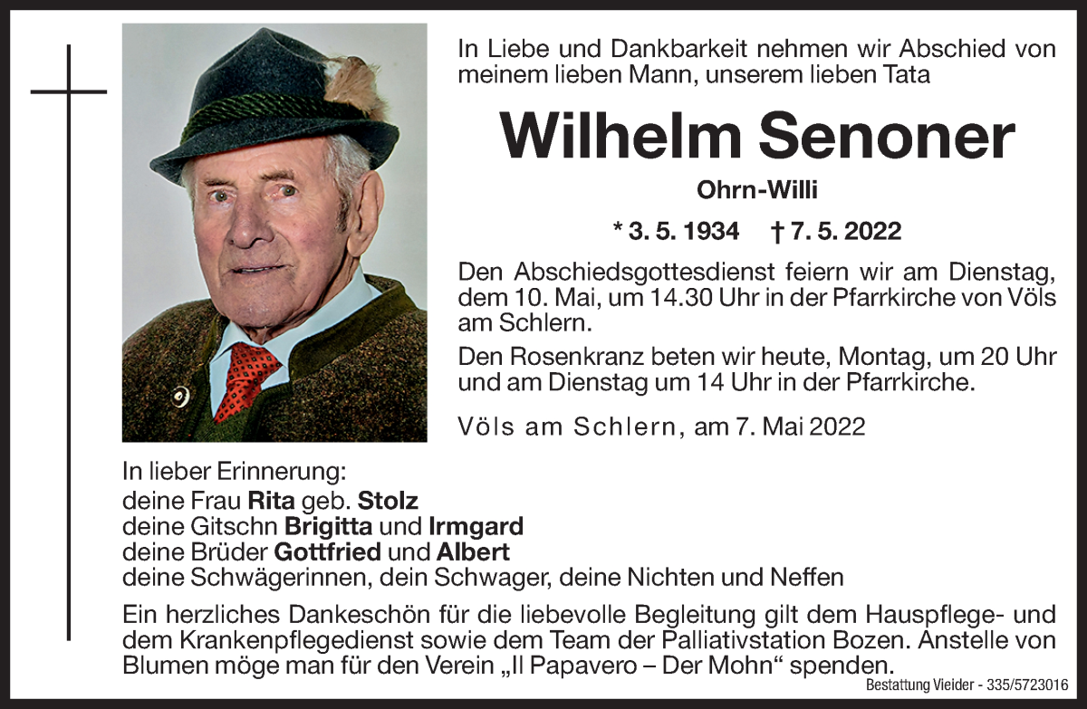  Traueranzeige für Wilhelm Senoner vom 09.05.2022 aus Dolomiten