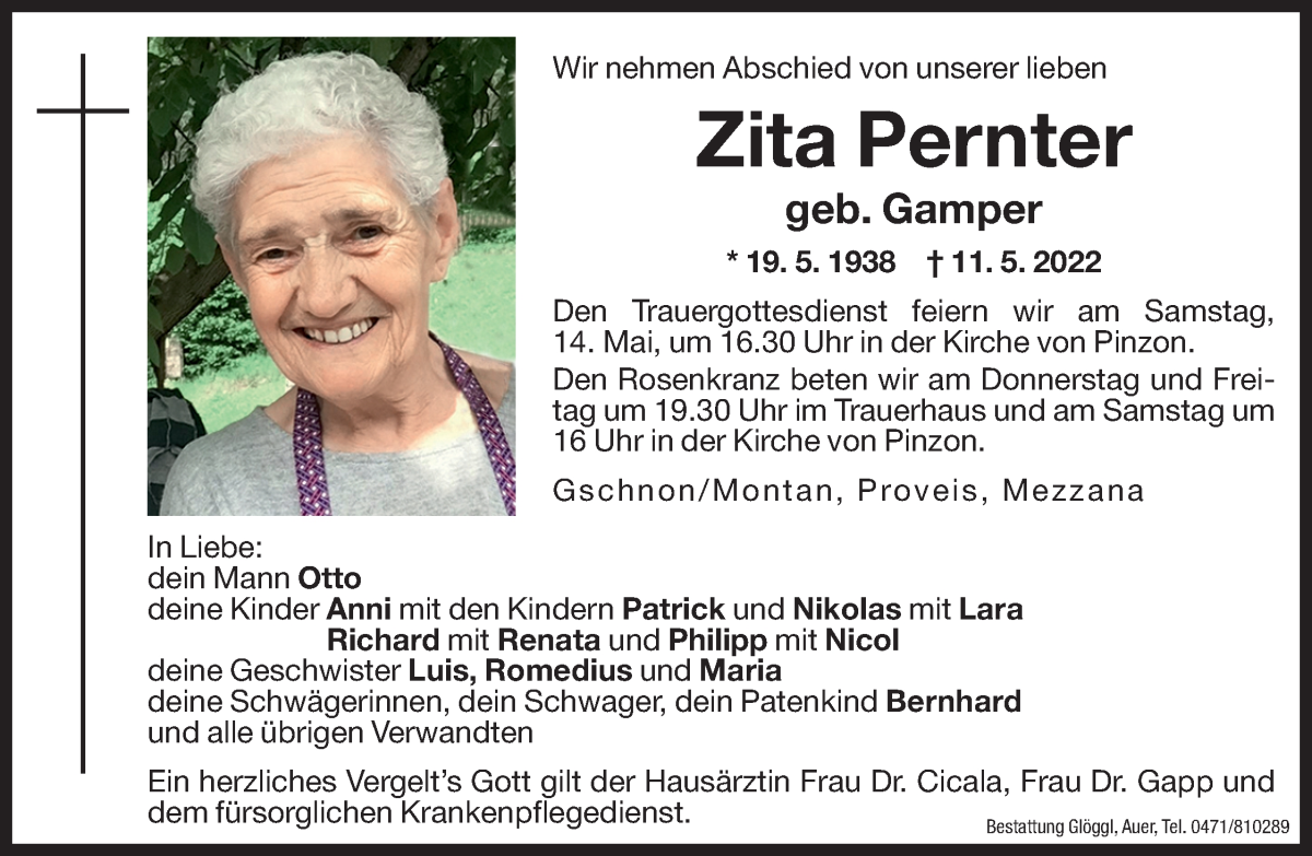  Traueranzeige für Zita Pernter vom 12.05.2022 aus Dolomiten
