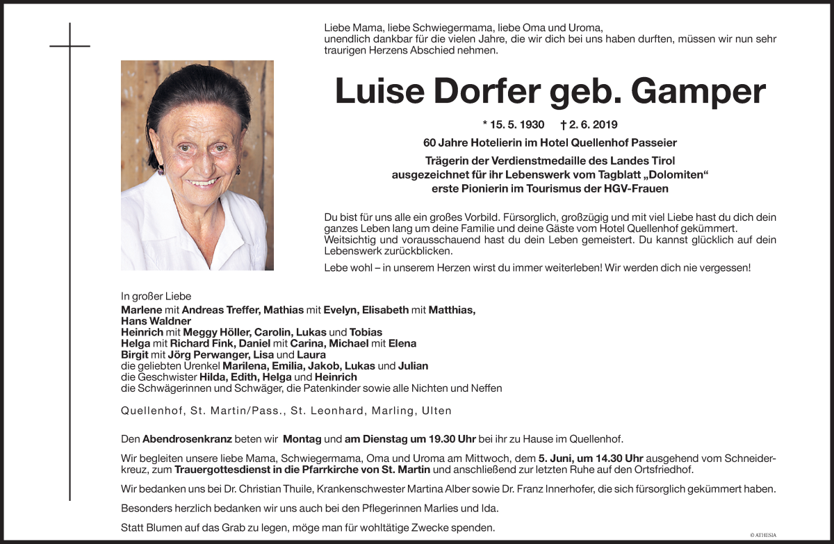  Traueranzeige für Luise Dorfer vom 03.06.2019 aus Dolomiten