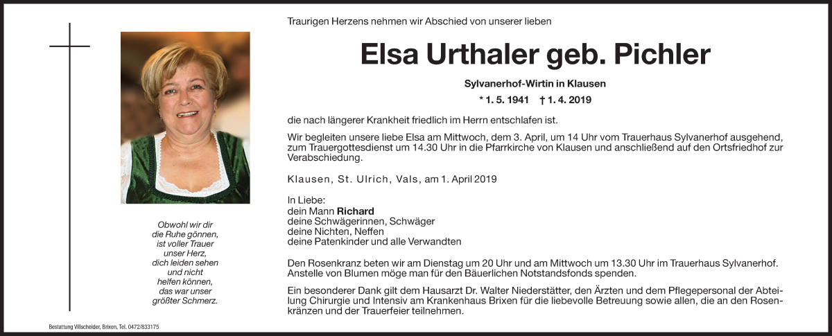  Traueranzeige für Elsa Urthaler vom 02.04.2019 aus Dolomiten