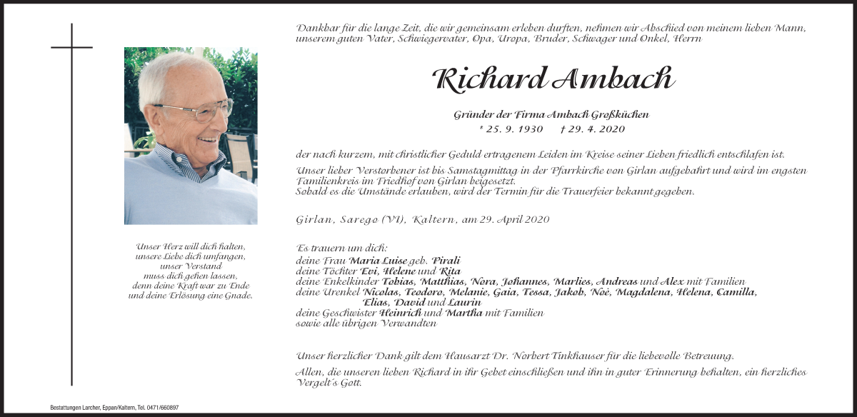  Traueranzeige für Richard Ambach vom 30.04.2020 aus Dolomiten