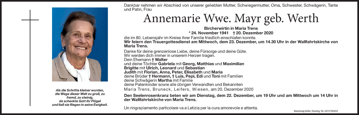  Traueranzeige für Annemarie Mayr vom 22.12.2020 aus Dolomiten