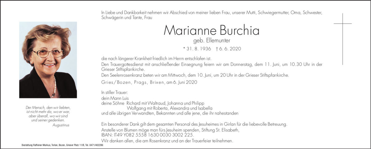  Traueranzeige für Marianne Burchia vom 09.06.2020 aus Dolomiten