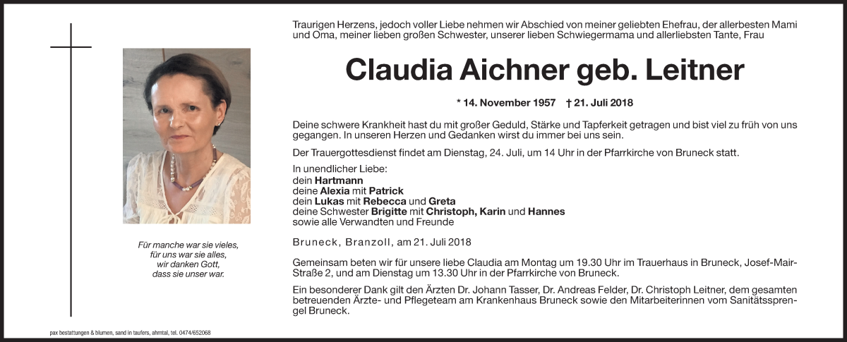  Traueranzeige für Claudia Aichner vom 23.07.2018 aus Dolomiten