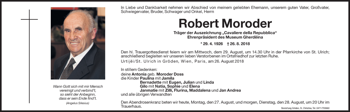  Traueranzeige für Robert Moroder vom 27.08.2018 aus Dolomiten
