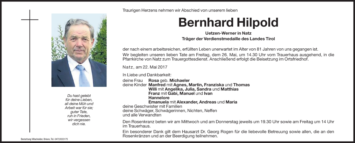  Traueranzeige für Bernhard Hilpold vom 24.05.2017 aus Dolomiten