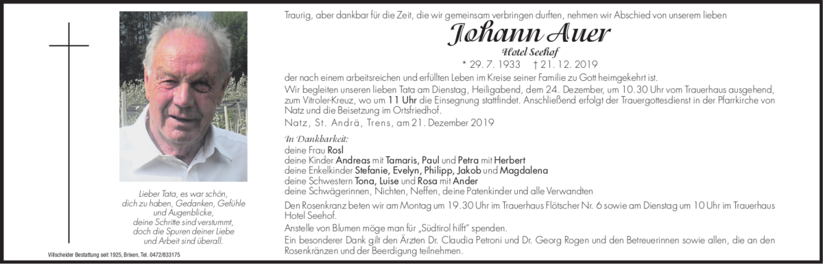  Traueranzeige für Johann Auer vom 23.12.2019 aus Dolomiten