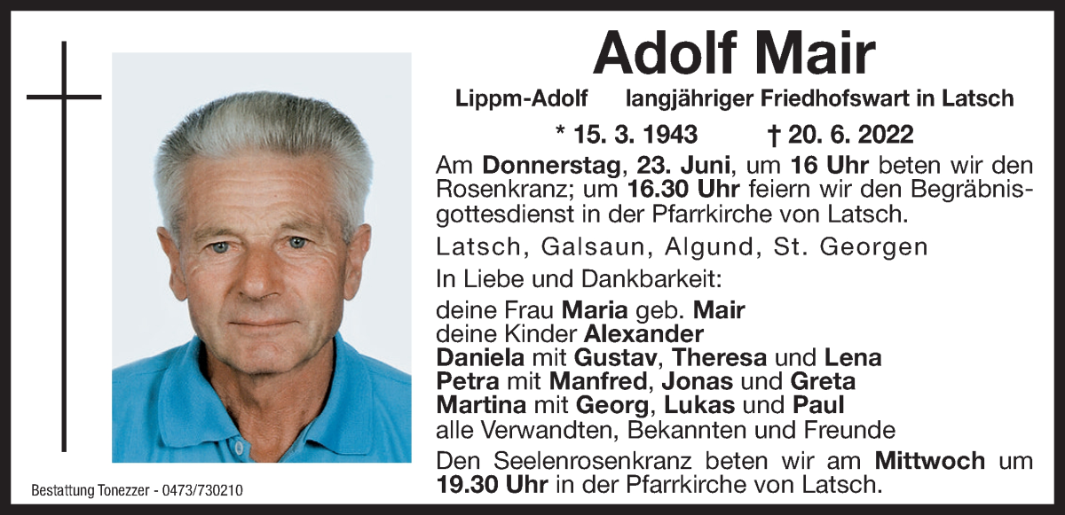  Traueranzeige für Adolf Mair vom 21.06.2022 aus Dolomiten