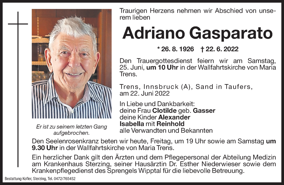  Traueranzeige für Adriano Gasparato vom 24.06.2022 aus Dolomiten