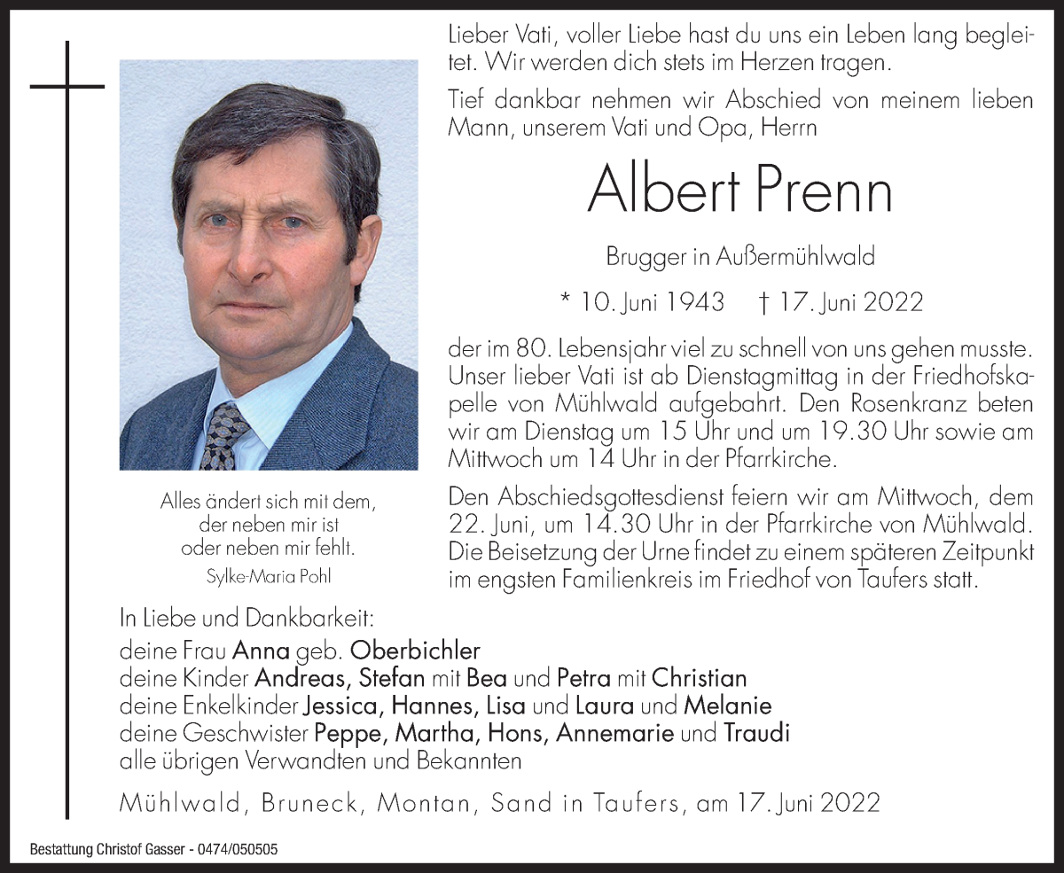  Traueranzeige für Albert Prenn vom 20.06.2022 aus Dolomiten