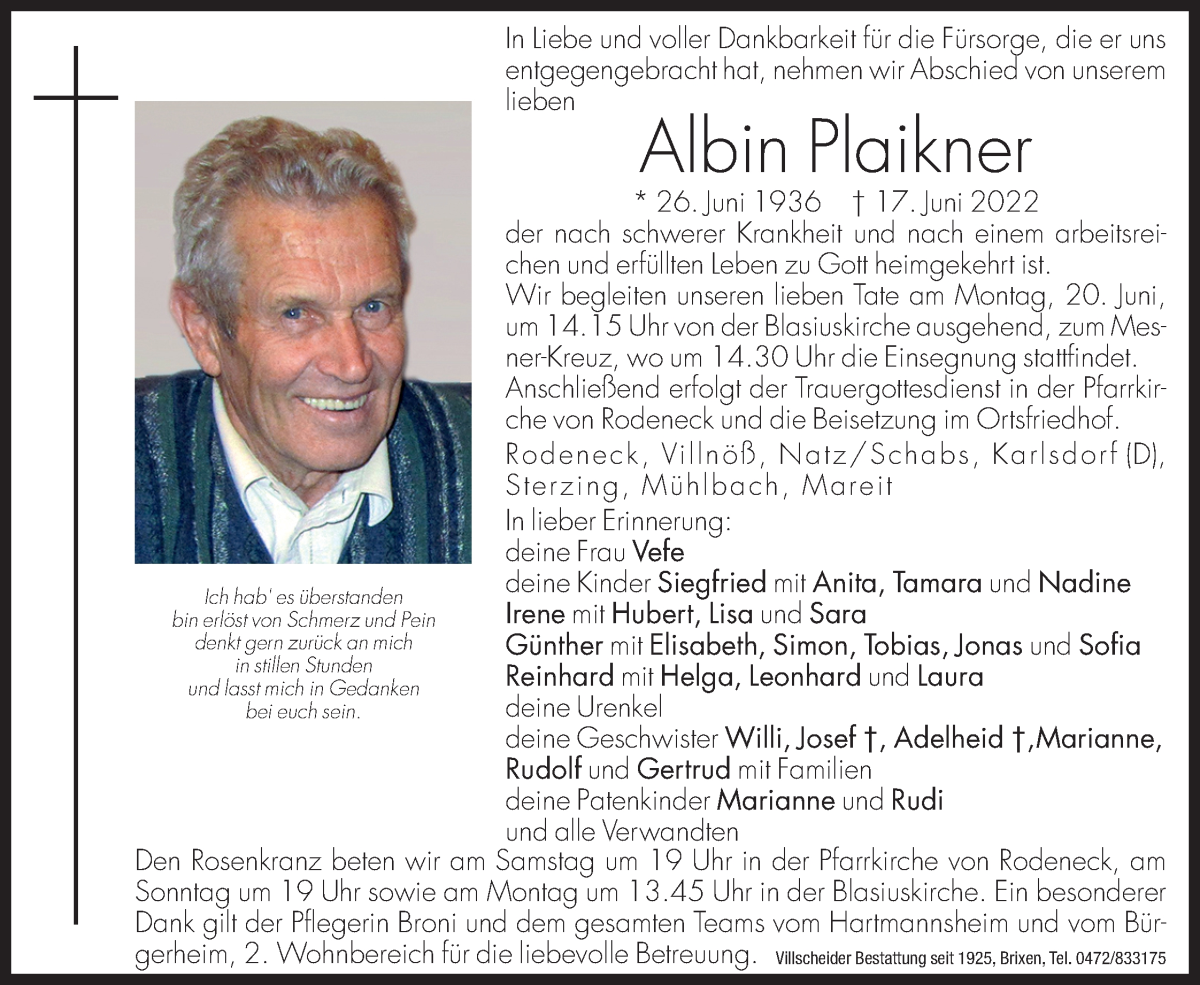  Traueranzeige für Albin Plaikner vom 18.06.2022 aus Dolomiten