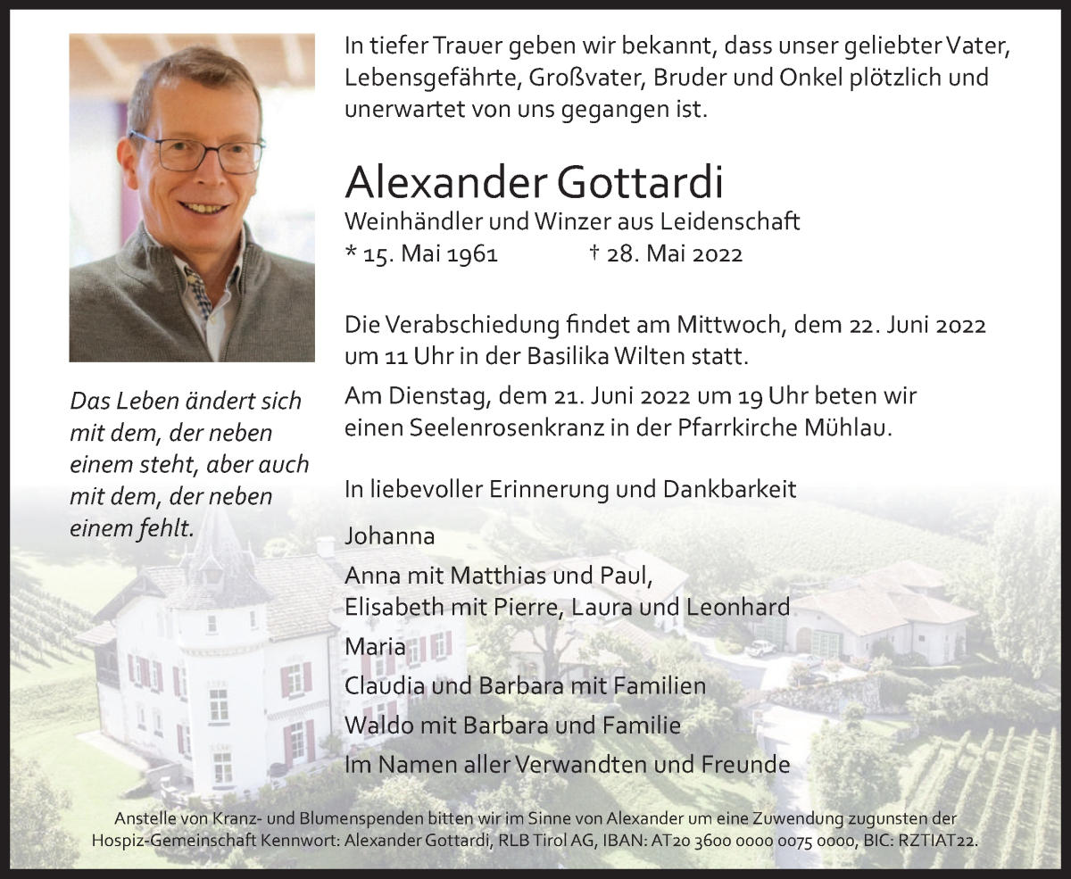  Traueranzeige für Alexander Gottardi vom 20.06.2022 aus Dolomiten