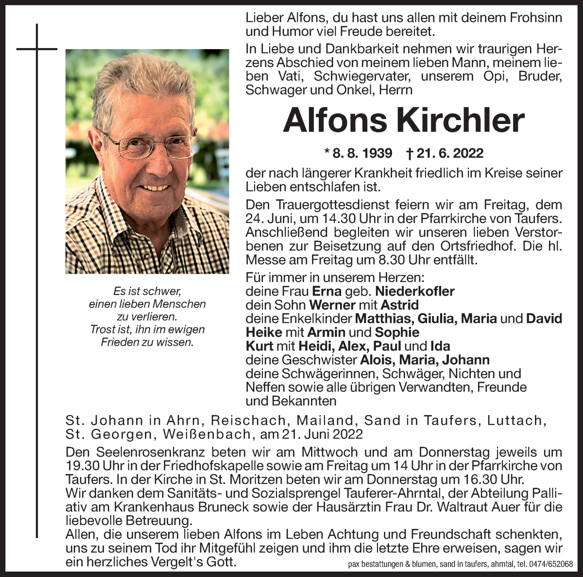 Traueranzeige für Alfons Kirchler vom 22.06.2022 aus Dolomiten