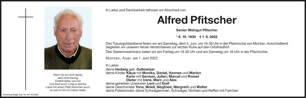  Traueranzeige für Alfred Pfitscher vom 03.06.2022 aus Dolomiten